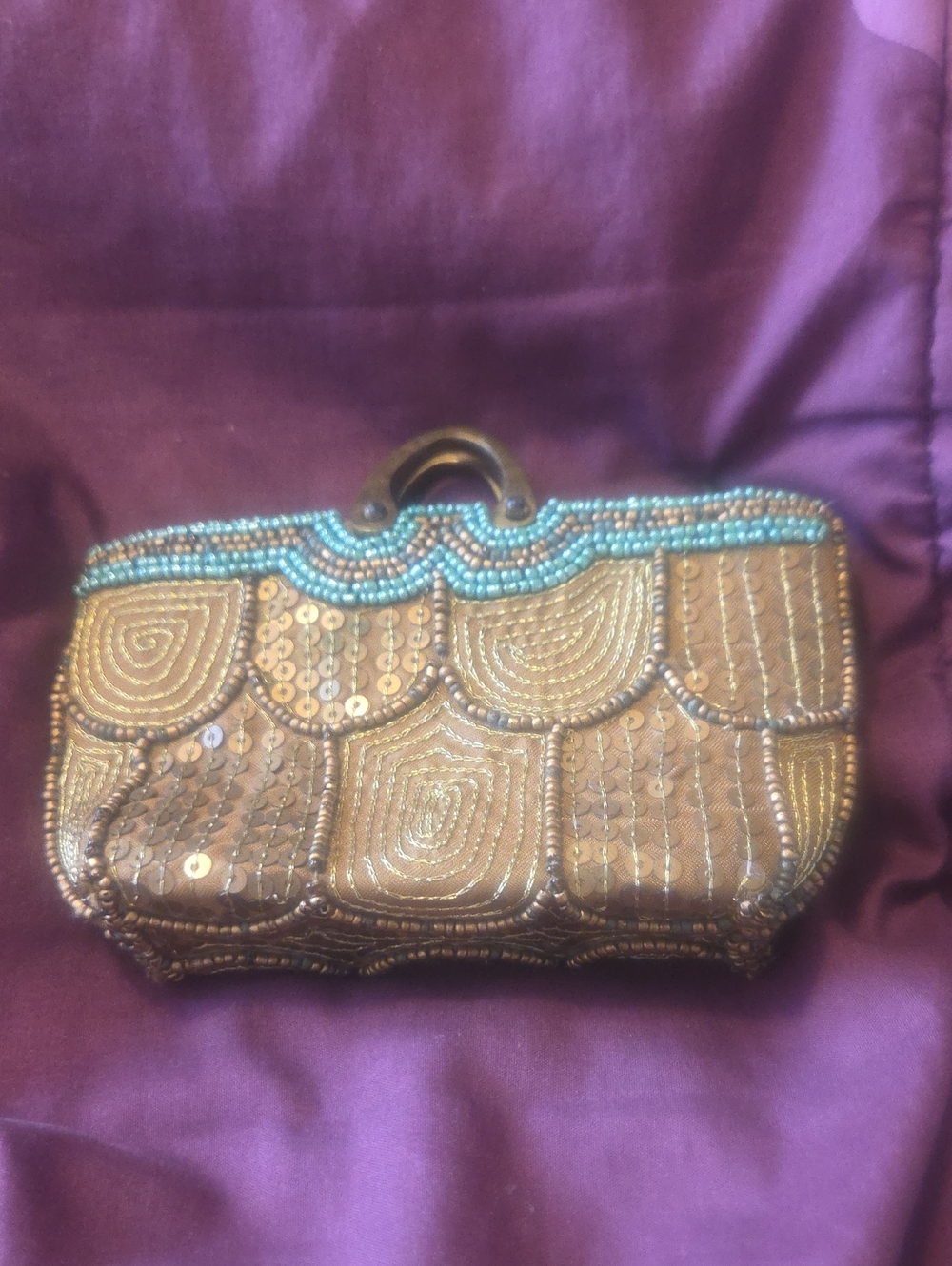 Vintage Beaded Metallic Gold Evening Clutch with Turquoise Accent